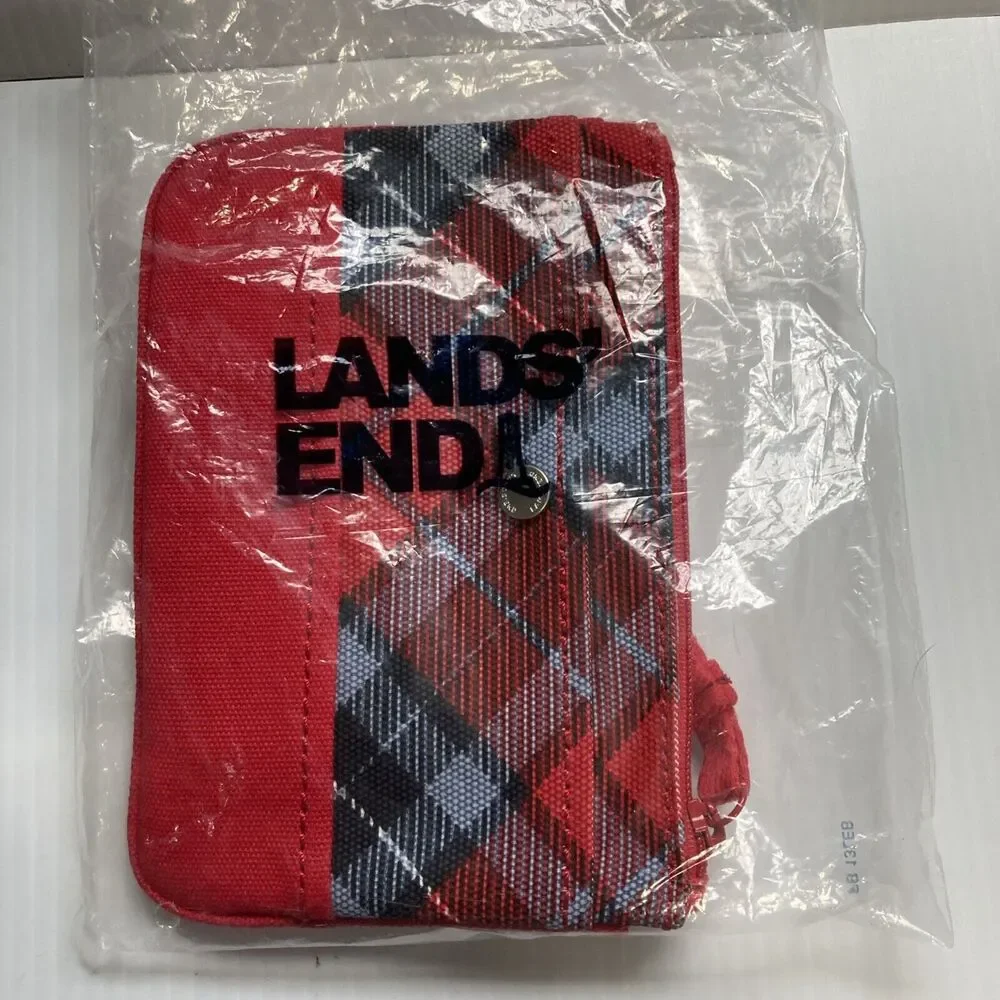 LANDS END Plaid Cotton Canvas Large Zip Pouch Purse Wristlet 8 x 5 x 0.5 inches